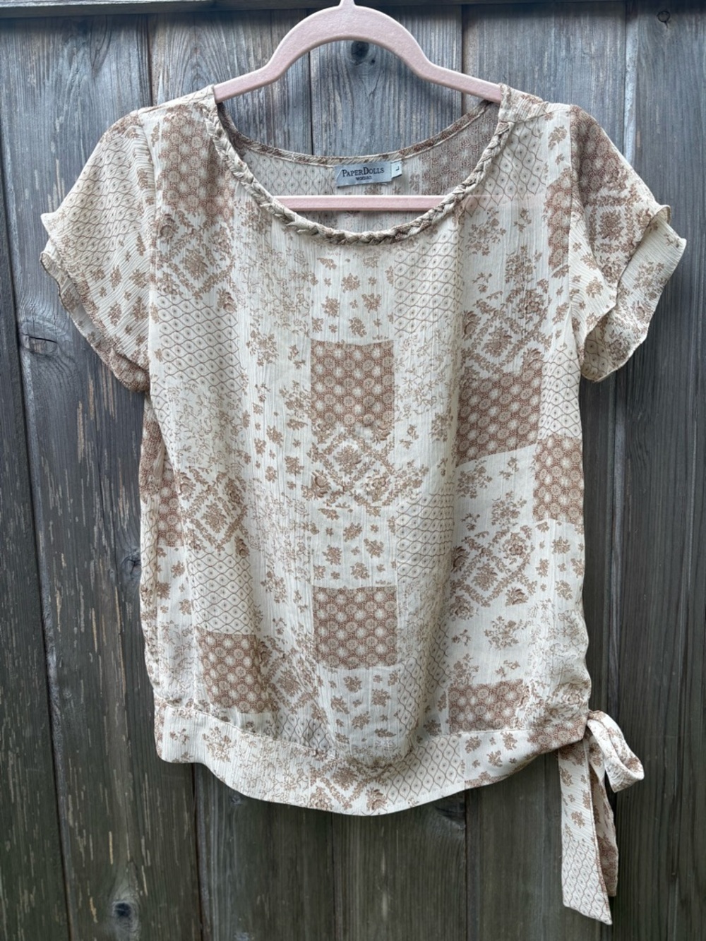 Women’s Paper Dolls Patchwork Sheer Short Flutter Sleeve Floral Fairy Size M Top